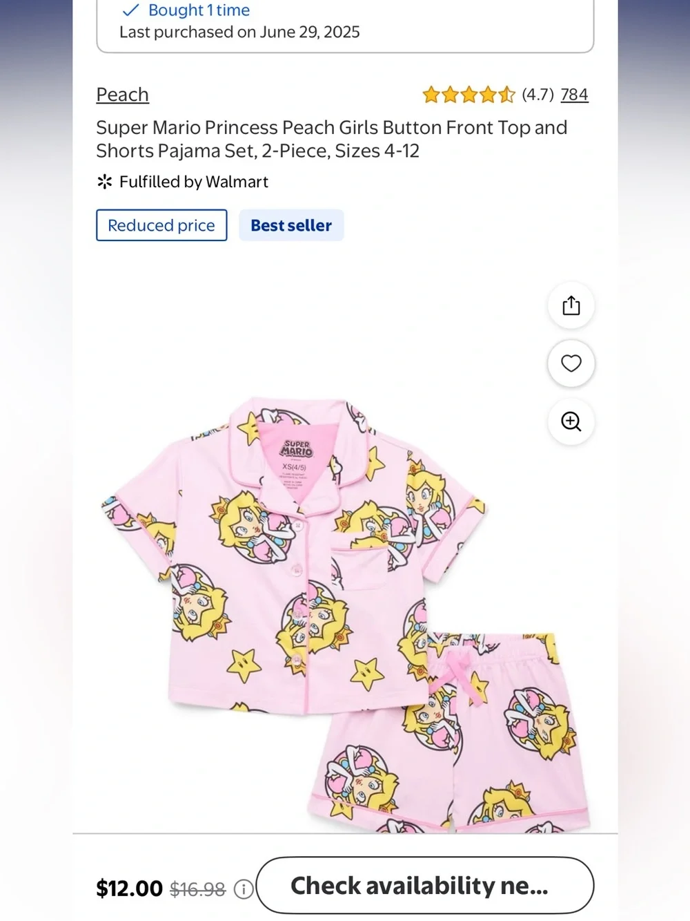 Super Mario Brothers Princess Peach Girls’ (6) Clothes
